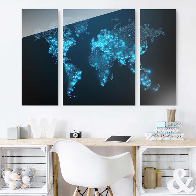 Glass print 3 parts - Connected World World Map