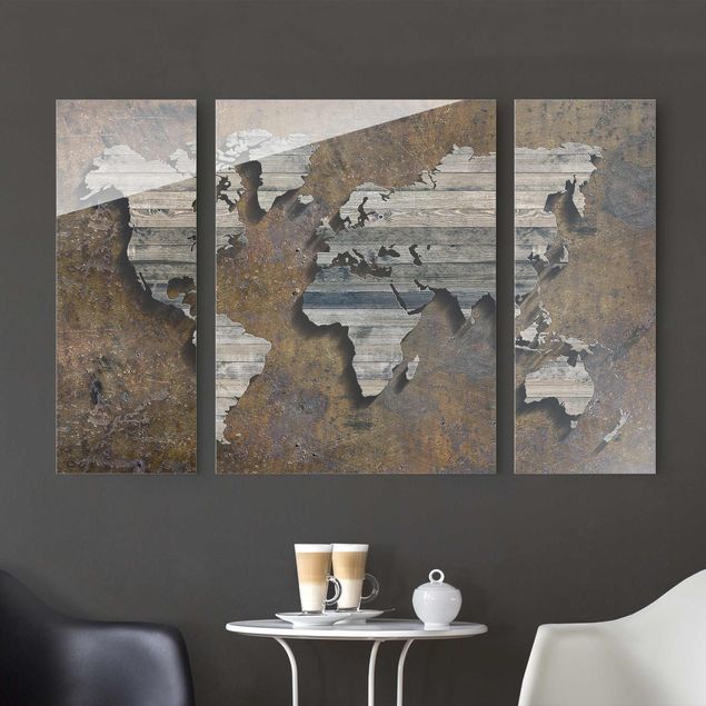 Glass print 3 parts - Wooden Grid World Map