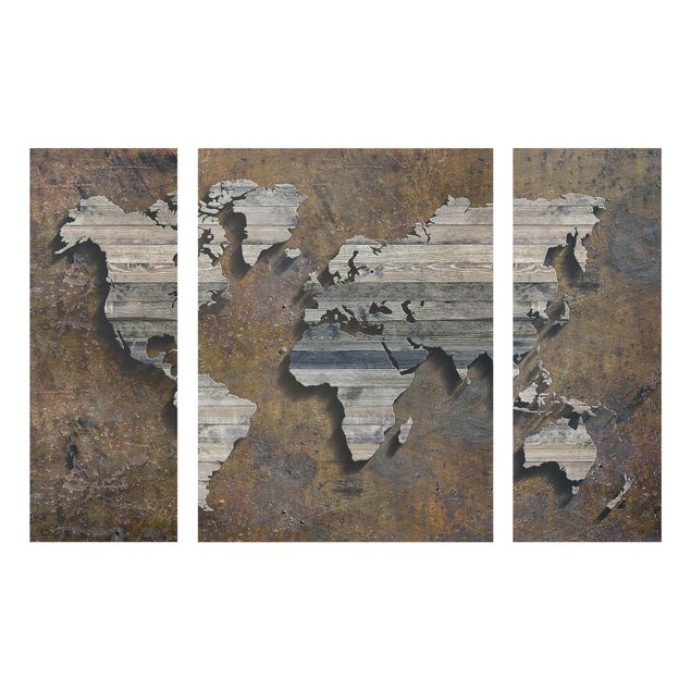 Glass print 3 parts - Wooden Grid World Map
