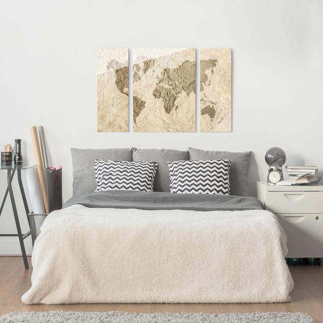 Glass print 3 parts - Paper World Map Beige Brown