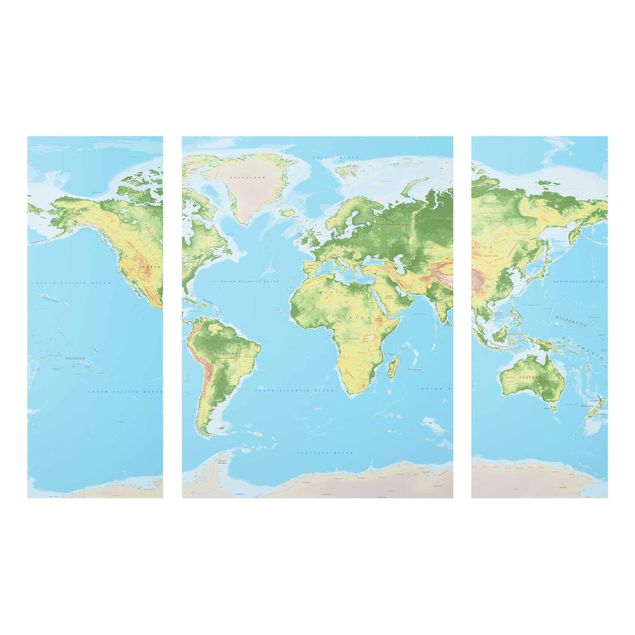Glass print 3 parts - Physical World Map
