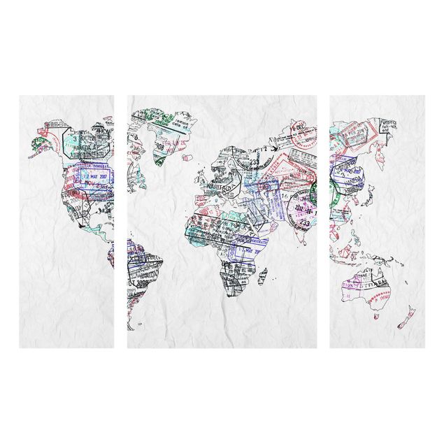 Glass print 3 parts - Passport Stamp World Map