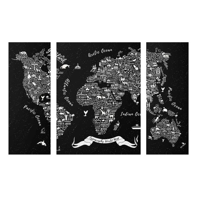 Glass print 3 parts - Typography World Map Black
