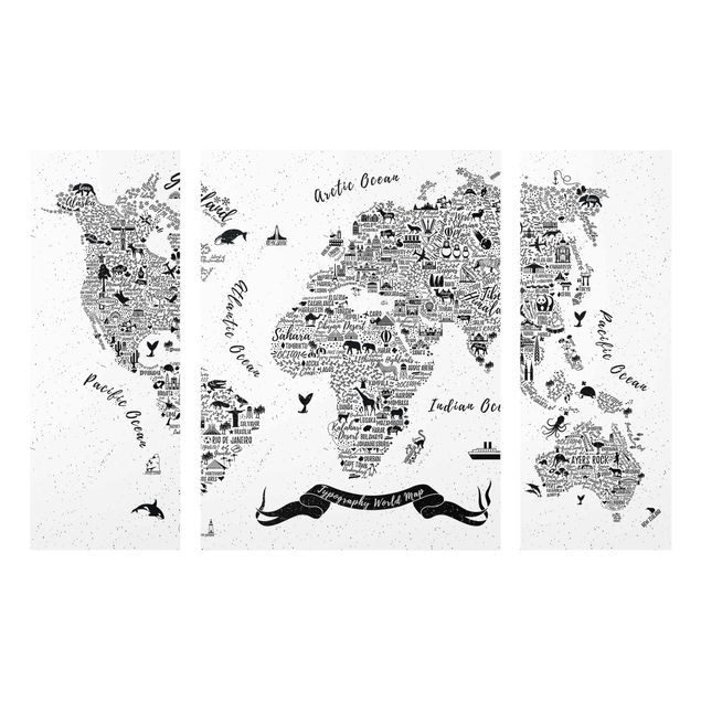 Glass print 3 parts - Typography World Map White