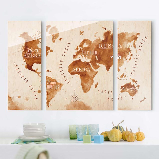 Glass print 3 parts - World Map Watercolour Beige Brown