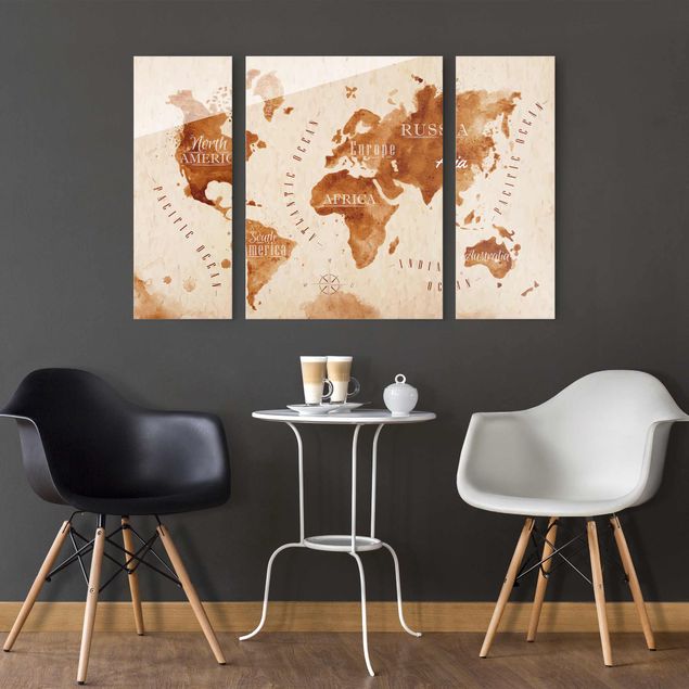 Glass print 3 parts - World Map Watercolour Beige Brown