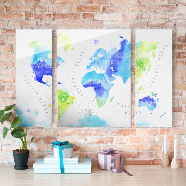 Glass print 3 parts - World Map Watercolour Blue Green