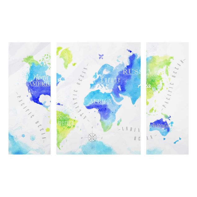 Glass print 3 parts - World Map Watercolour Blue Green
