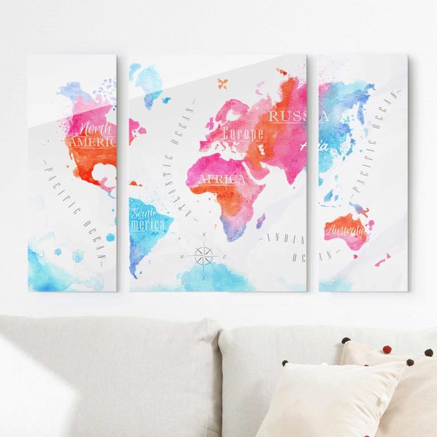 Glas Magnettafel World Map Watercolour Red Blue