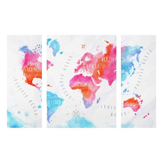 Glass print 3 parts - World Map Watercolour Red Blue
