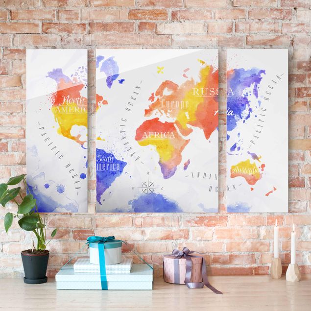 Glass print 3 parts - World Map Watercolour Purple Red Yellow