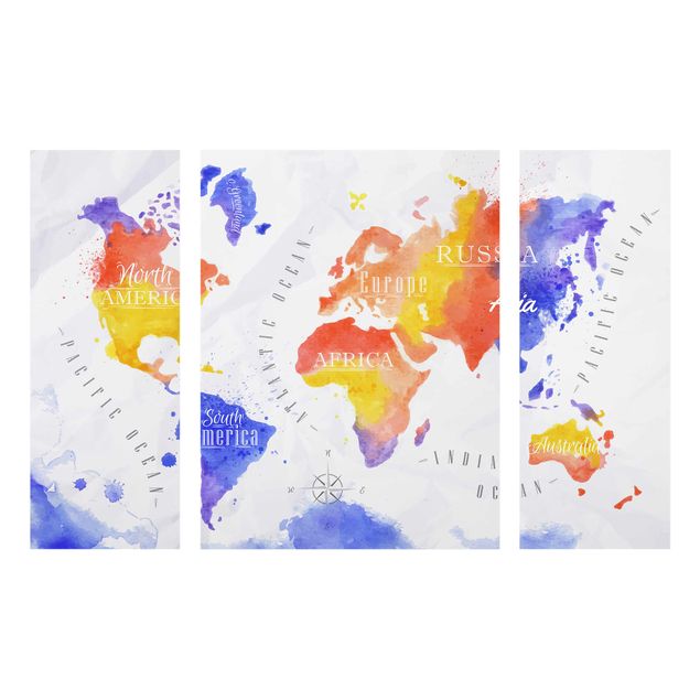 Glass print 3 parts - World Map Watercolour Purple Red Yellow