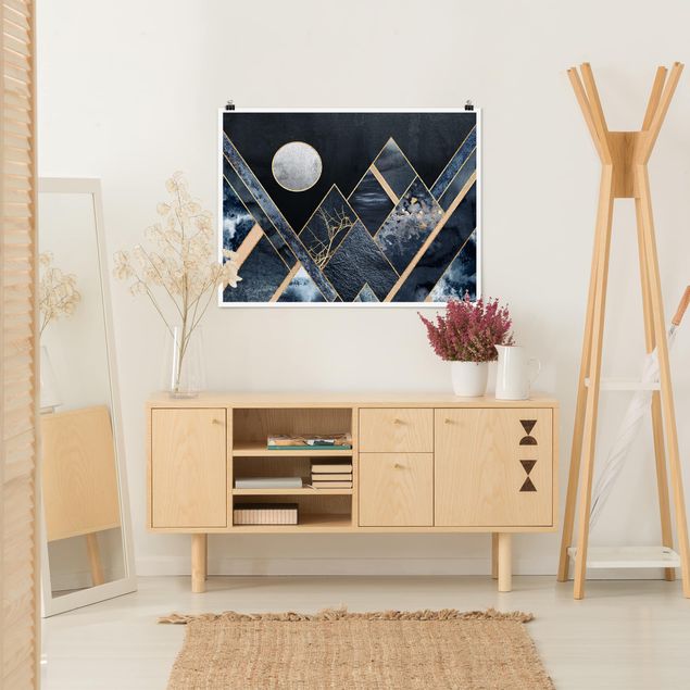 Poster - Golden Moon Abstract Black Mountains