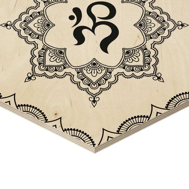 Wooden hexagon - Hamsa Hand Lotus OM Illustration Set Black And White