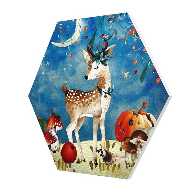 Hexagon Picture Forex - Watercolor Deer In The Moonlight