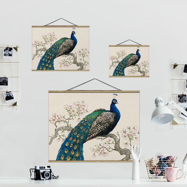 Fabric print with poster hangers - Vintage Peacock With Cherry Blossoms