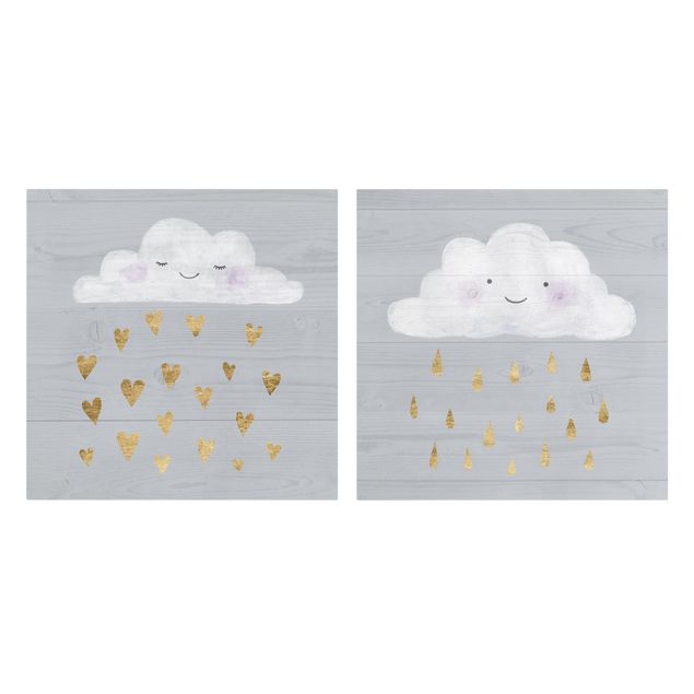 Print on canvas - Clouds With Golden Heart And Drops Set I