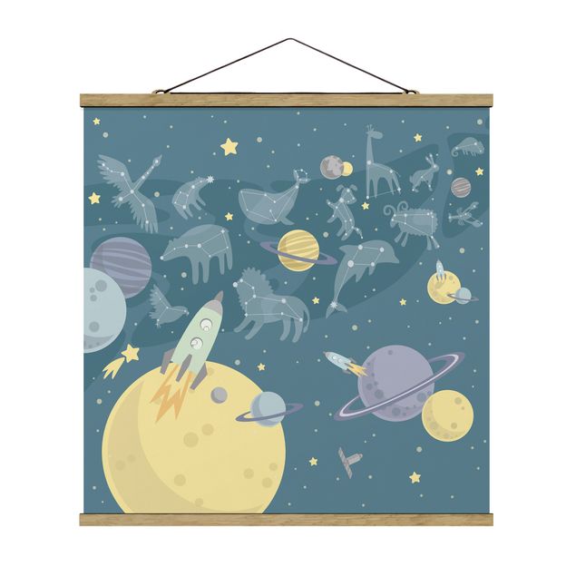 Fabric print with poster hangers - Planets With Zodiac And Missiles