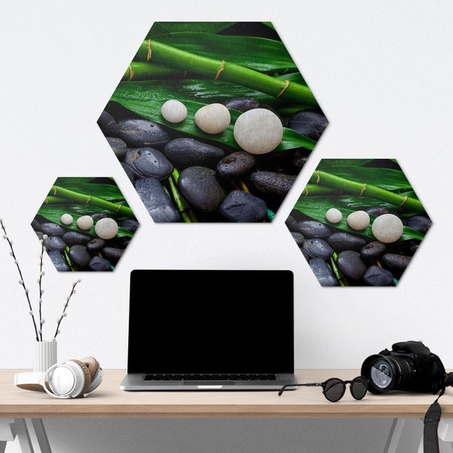 Alu-Dibond hexagon - Green Bamboo With Zen Stones