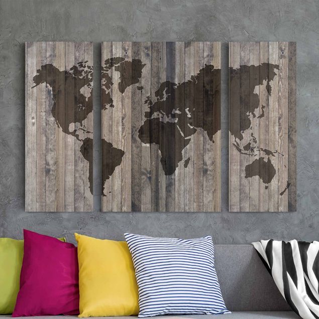 Print on canvas 3 parts - Wood World Map