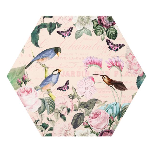 Hexagon Picture Forex - Vintage Collage - Roses And Birds