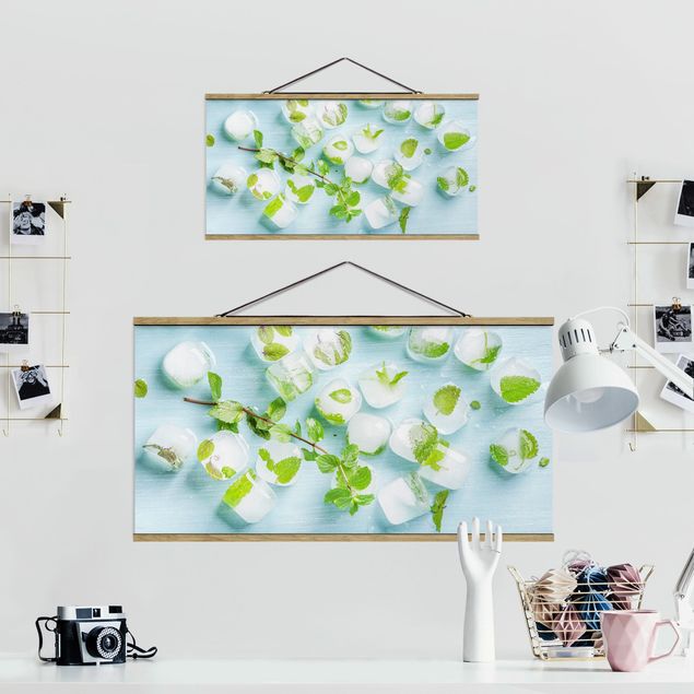 Fabric print with poster hangers - Ice Cubes With Mint Leaves