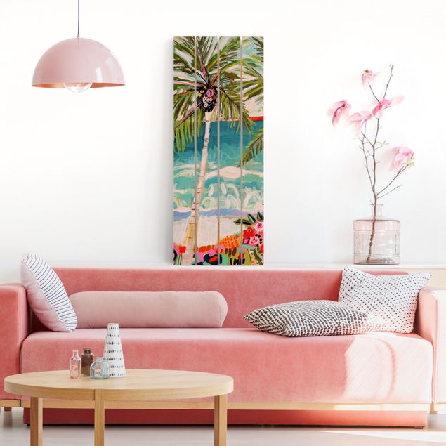 Print on wood - Palm Tree With Pink Flowers I