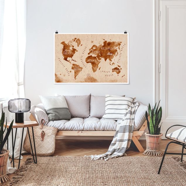 Poster - Weltkarte Aquarell beige braun - Querformat 2:3