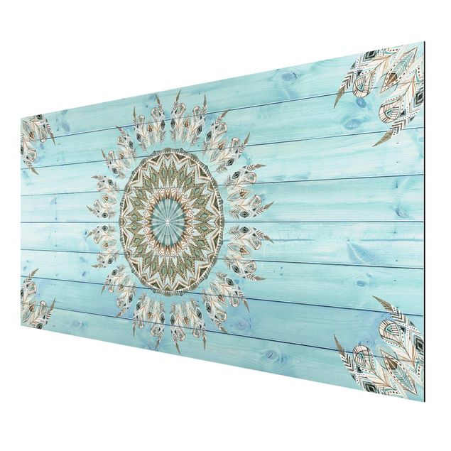 Print on aluminium - Mandala Watercolour Feathers Blue Green Wooden Boards
