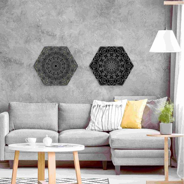 Wooden hexagon - Mandala Flower Star Pattern Black