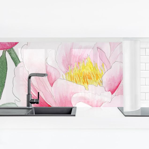 Kitchen wall cladding - Drawing Light Pink Peonies