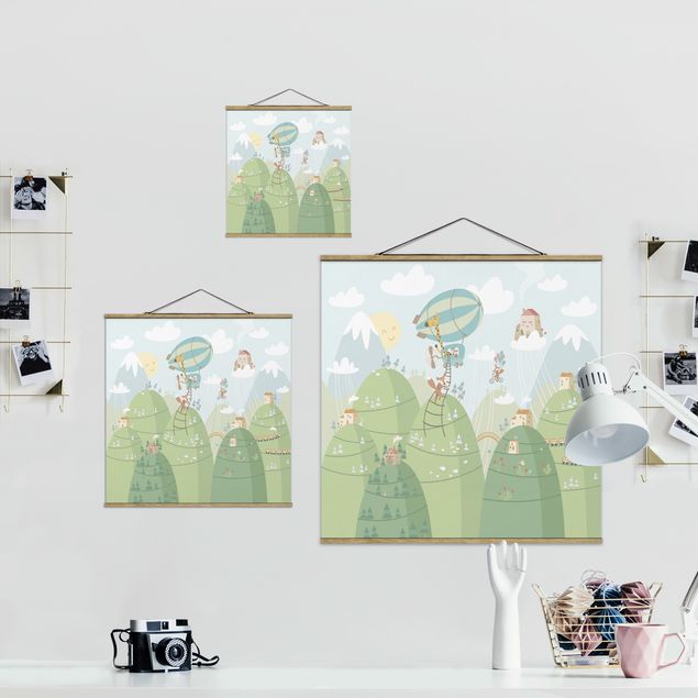 Fabric print with poster hangers - Forest With Houses And Animals