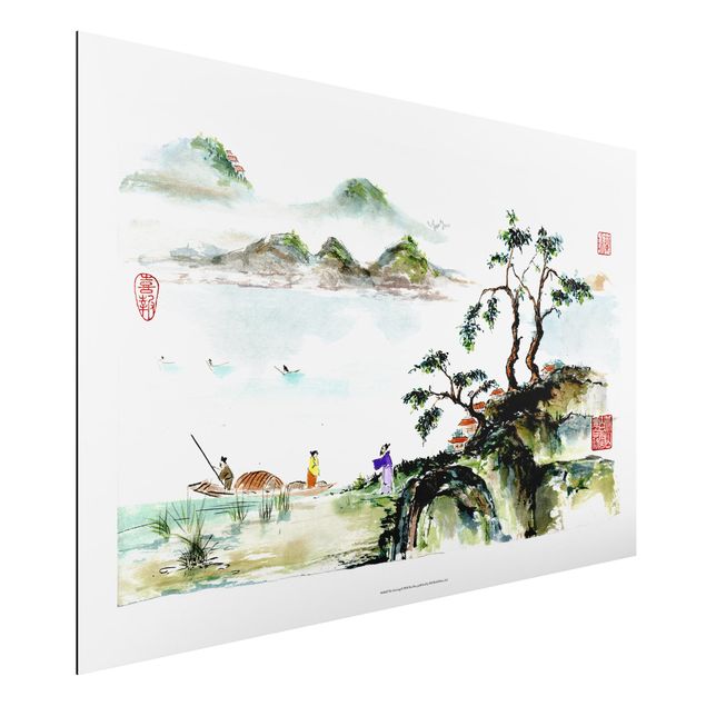 Dibond Japanese Watercolour Drawing Lake And Mountains