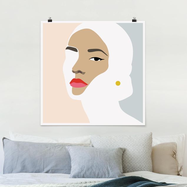 Poster - Line Art Portrait Woman Pastel Grey