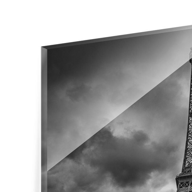 Glass Splashback - Eiffel Tower In Front Of Clouds In Black And White - Square 1:1