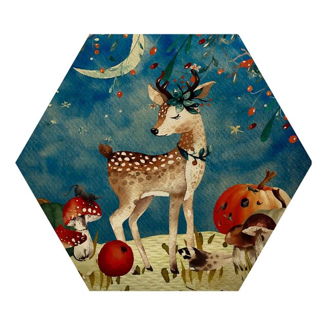 Hexagon Picture Wood - Watercolor Deer In The Moonlight