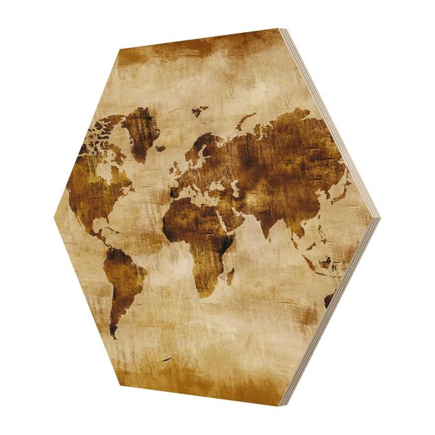 Wooden hexagon - No.CG75 Map Of The World