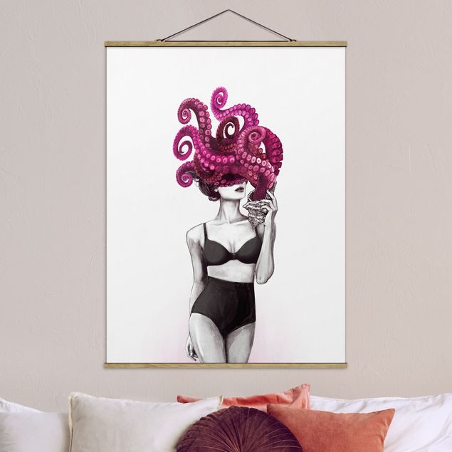 Fabric print with poster hangers - Illustration Woman In Underwear Black And White Octopus