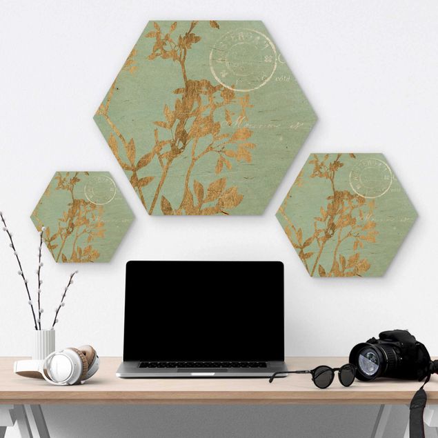 Wooden hexagon - Golden Leaves On Turquoise I