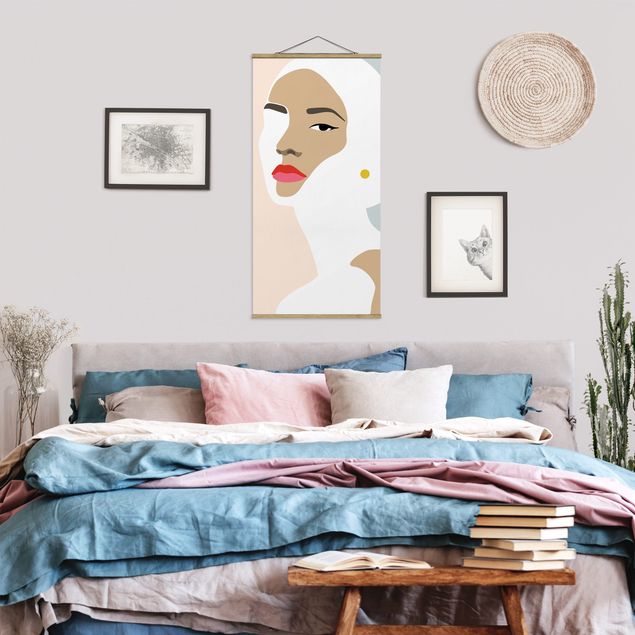 Fabric print with poster hangers - Line Art Portrait Woman Pastel Grey