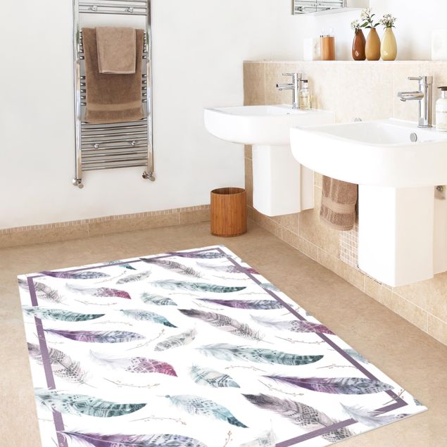 modern area rugs Boho Watercolour Feathers In Aubergine And Petrol Colour With Frame