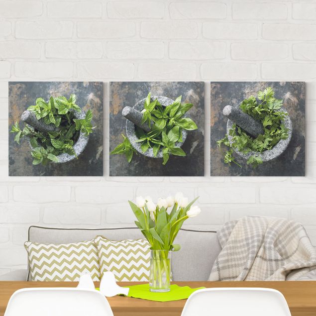 Print on canvas 3 parts - Basil Mint Parsley In A Mortar