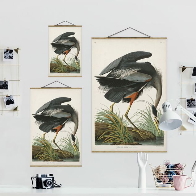 Fabric print with poster hangers - Vintage Board Blue Heron