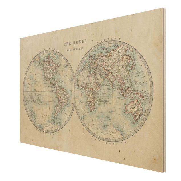 Print on wood - Vintage World Map The Two Hemispheres