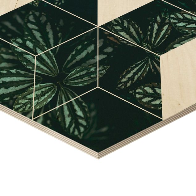 Wooden hexagon - Green Leaves Geometry Set II