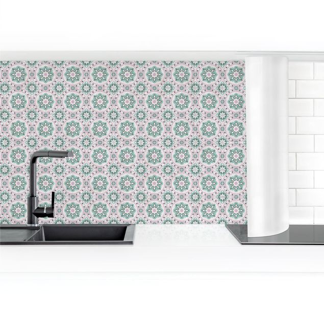 Kitchen wall cladding - Floral Tiles Turquoise Light Pink