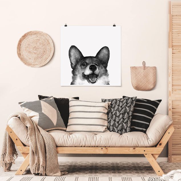Poster - Illustration Dog Corgi Black And White Painting