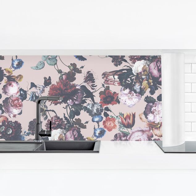 Kitchen wall cladding - Old Masters Flowers With Tulips And Roses On Pink
