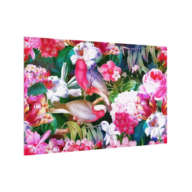 Glass splashback art print Colourful Tropical Flowers With Birds Pink