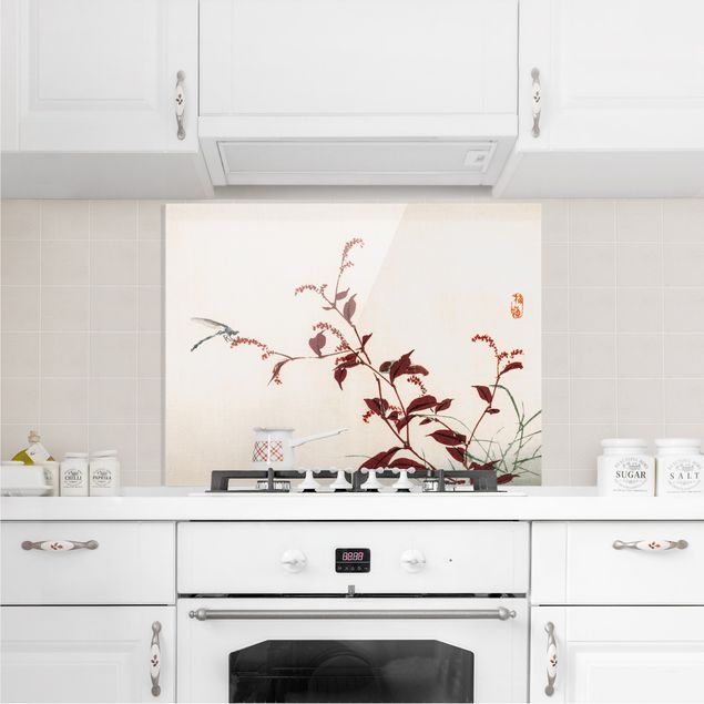 Glass splashback animals Asian Vintage Drawing Red Branch With Dragonfly
